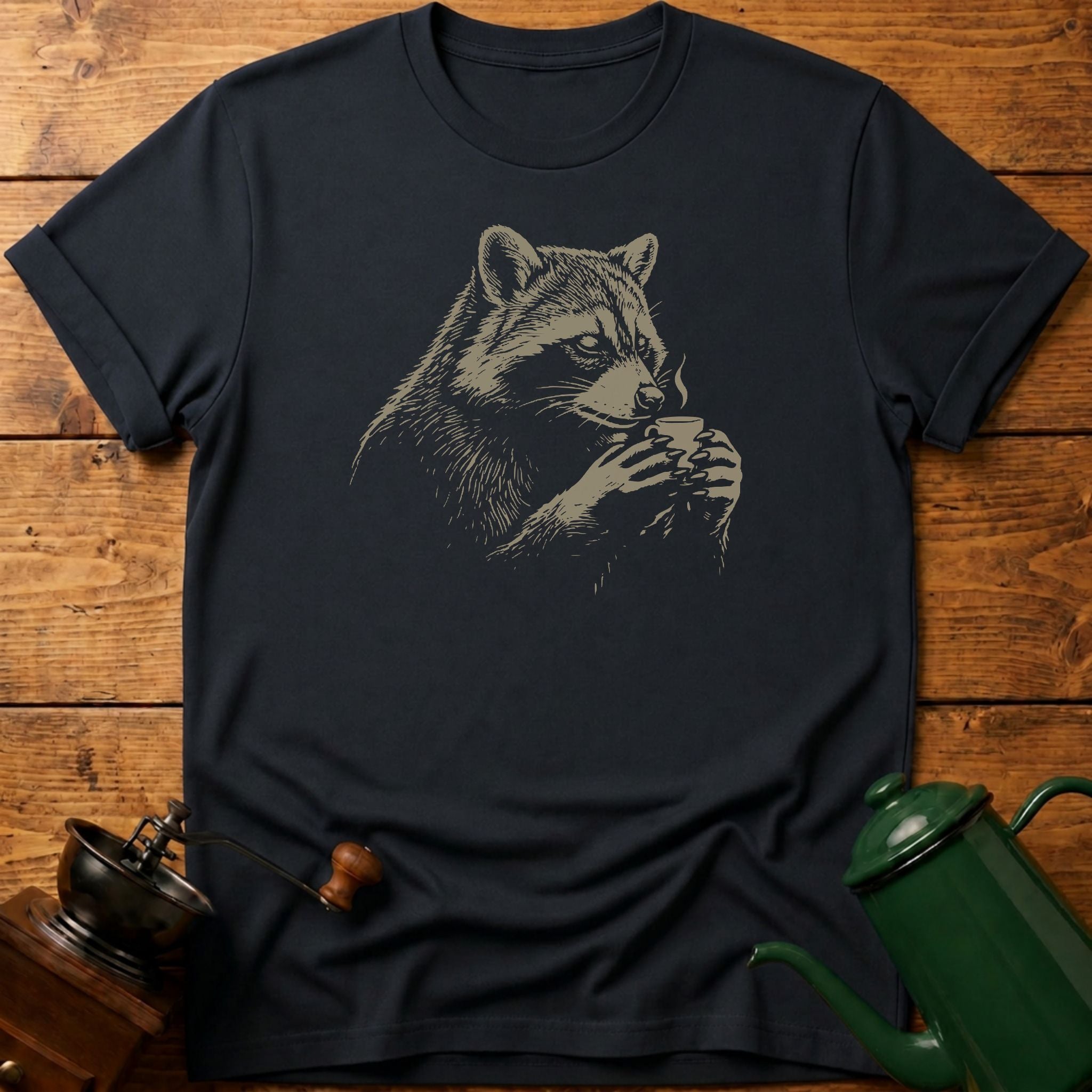 Raccoon Drinking Coffee T-Shirt