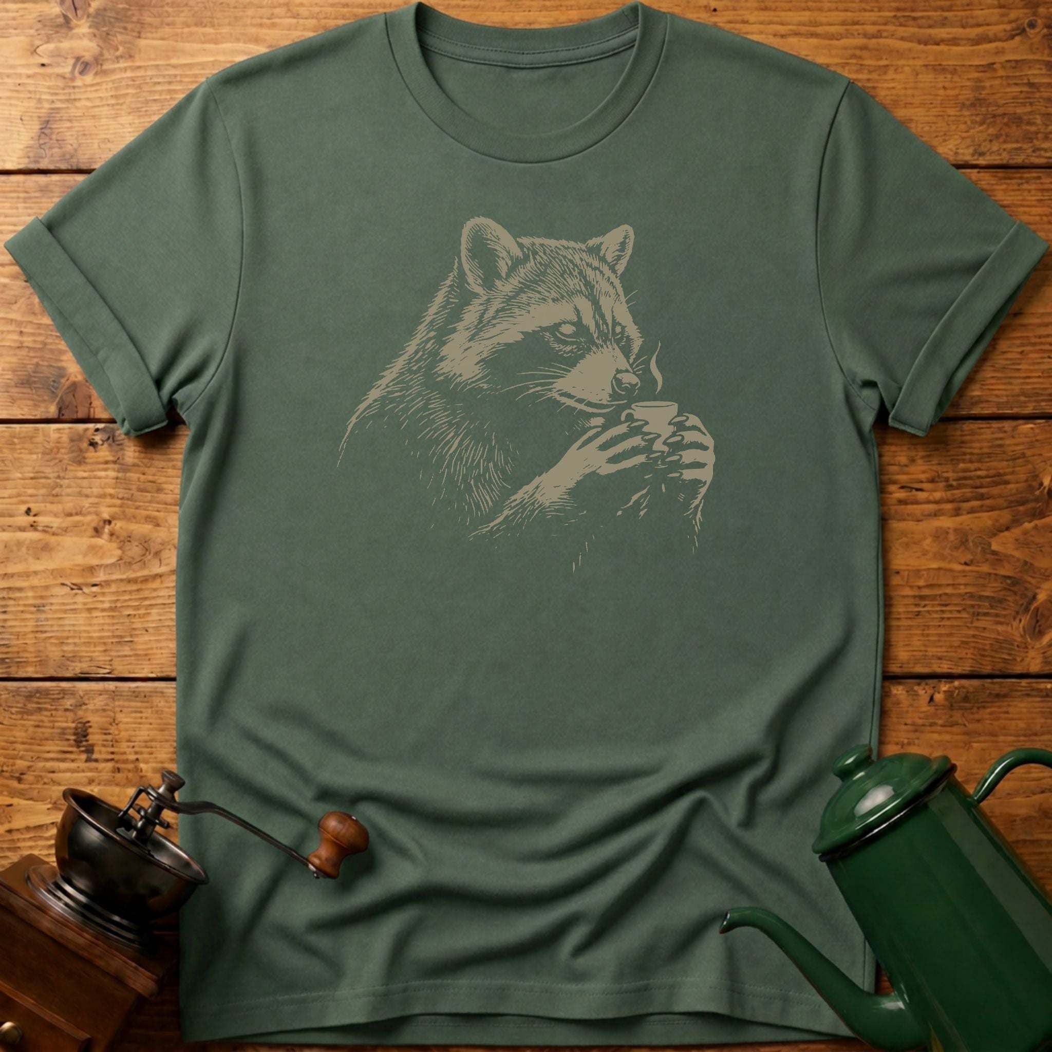 Raccoon Drinking Coffee T-Shirt