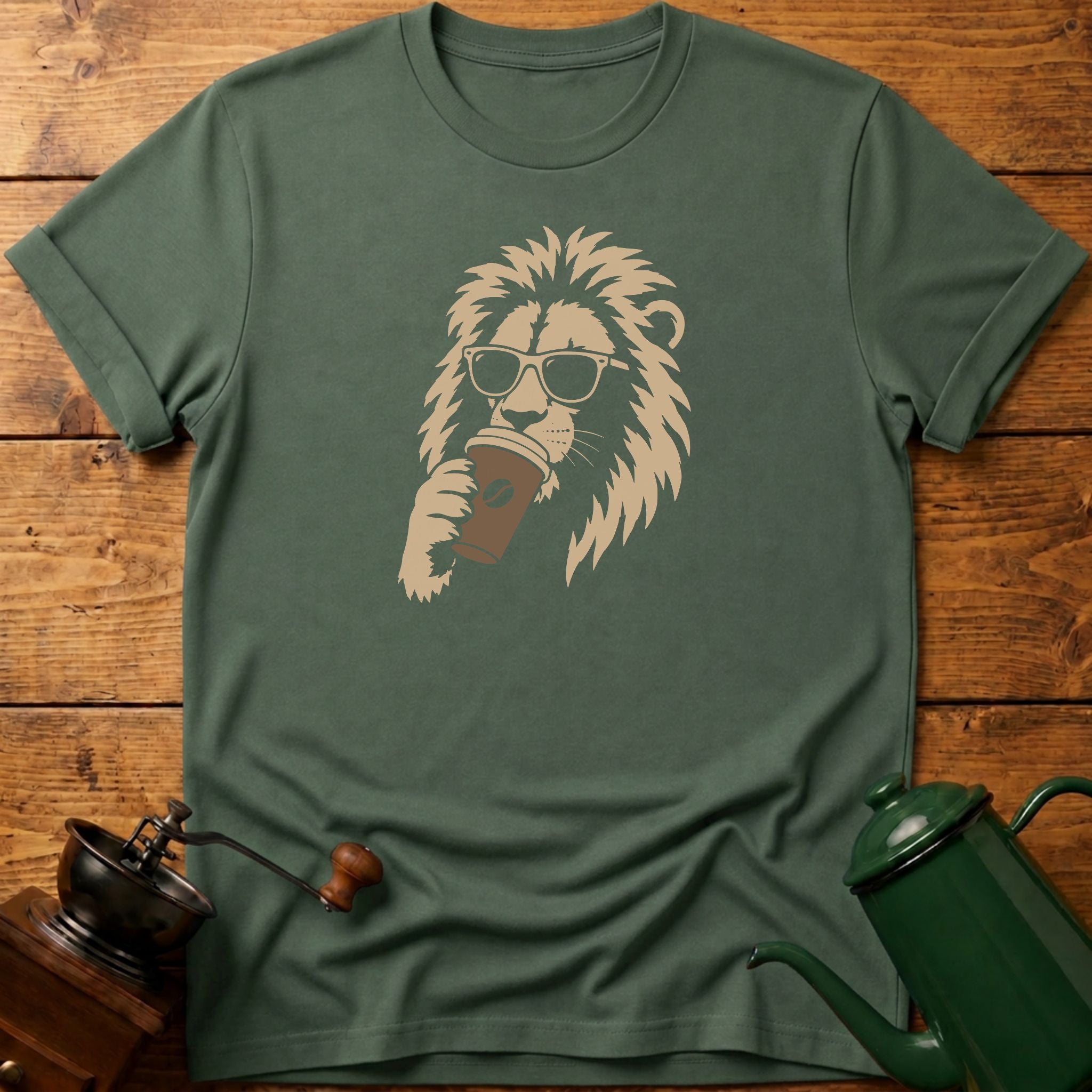 Lion Drinking Coffee T-Shirt